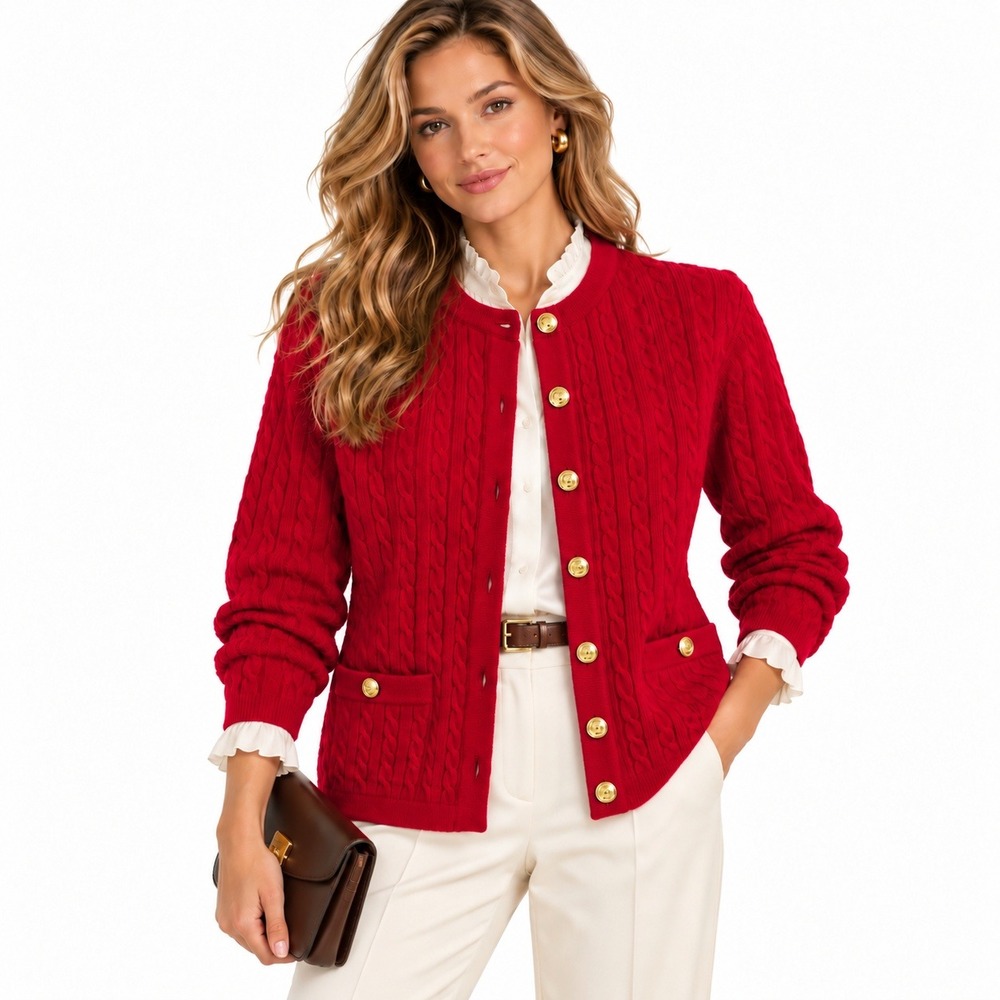 Vintage Talbots Cable Knit Wool Cardigan 2 Petite Red Gold Crest Button Preppy